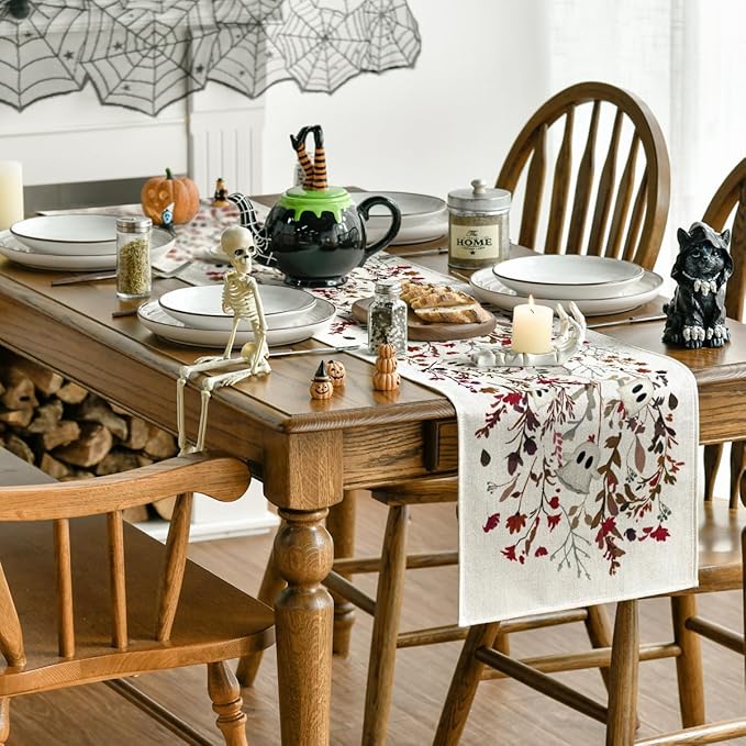 Artoid Mode Ghost Flowers Leaves 210 GSM Halloween Table Runner,Seasonal Fall Kitchen Dining Table Decoration for Home Party Decor 13x36 Inch