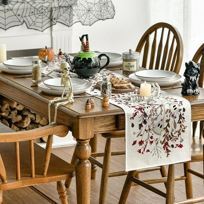 Artoid Mode Ghost Flowers Leaves 210 GSM Halloween Table Runner,Seasonal Fall Kitchen Dining Table Decoration for Home Party Decor 13x60 Inch