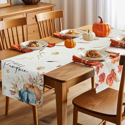 Fall Thanksgiving Cotton Linen Table Runner for Dining Kitchen, Orange Pumpkins Outdoor Party Autumn Tablerunners Decoration Rustic Wheat Leaves Dresser Scarf Coffee Tablecloth Runners 13x108 Inches