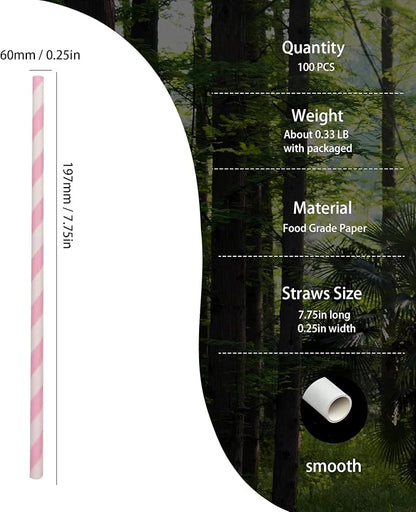 Disposable White and Pink Striped Paper Straws, Hot Pink Swirl Straw Pastel Princess Drinking Straws for Valentines Birthday Wedding Party Suppliers (7.75 Inches, Box of 100)