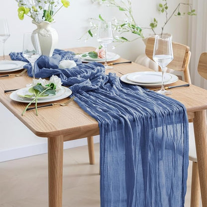 Asee'm 2pcs Cheesecloth Table Runner 120 Inches Long Blue Boho Gauze Cheese Cloth Runner 10FT Rustic Sheer Table Runners for Christmas Wedding Party Baby Shower Spring Easter Decoration
