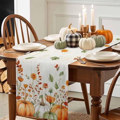 Fall Wildflowers Cotton Linen Table Runner for Dining Kitchen, Thanksgiving Pumpkin Outdoor Party Rustic Tablerunners Decoration, Botanical Floral Vintage Dresser Scarf Tablecloth Runners 13x90 Inches