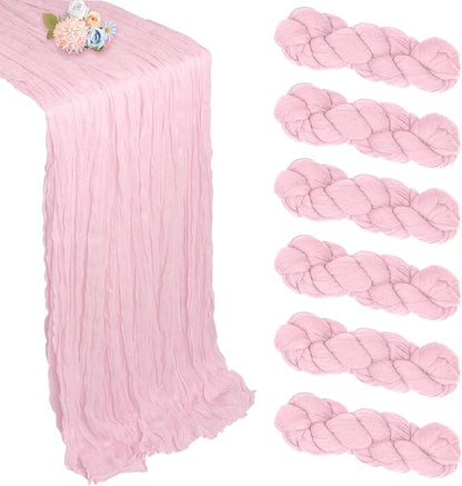 6 Pack Pink Table Runner 10ft Boho Gauze Fabric Cheesecloth Table Runner 35 x 120 Inch Rustic Sheer Runner for Romantic Wedding Centerpiece Decor Baby Shower Party Table Decoration