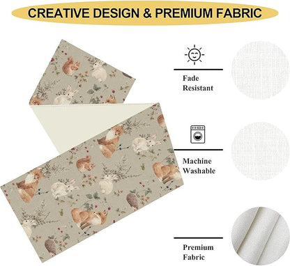 Rustic Forest Table Runner, Farmhouse Wild Woodland Animals Country Deer Fox Rabbits Watercolor Table Center Decor for Home Kitchen Dining Patio Holiday Party Outdoor Table Decorations, 13"x108" Inch