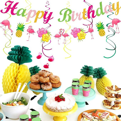 Hawaiian Luau Birthday Party-Decorations Supplies - 21pcs Happy Banner,Beach Paper Lanterns Honeycomb,Flamingo Pool Streamers Garland,Summer Tissue Pom Poms Flowers Fans,Tropical Tiki Decor Burgleda
