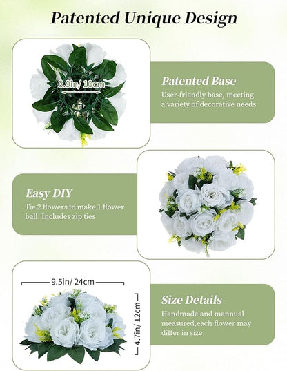 BLOSMON White Fake Flowers Centerpieces: 6 Pcs Artificial Roses Flower Ball for Wedding Dinning Table - Faux Silk Kissing Bouquet Floral Arrangement for Home Party Event Decor