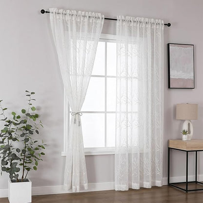 VISIONTEX Sheer Curtains 63 inch Length 2 Panels Set, Decorative Beige Coral Embroidery, Rod Pocket Embroidered Window Drapes for Living Room and Bedroom, 54" x 63"