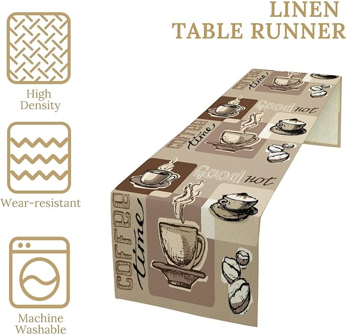 Coffee Table Runner,Vintage Style Coffee Cup Bean Abstract Theme Pattern Print Tablecloth Burlap for Hotel Indoors Outdoor Dining Room Kitchen Table Decor, 13x80in