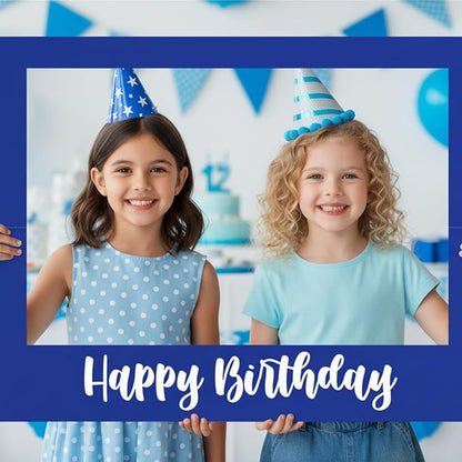 32 x 24 Inch Large Photo Booth Props Picture Frame Happy Birthday Party Frame DIY Cutouts Photo Booth Props Selfie for Party Supplies Favors (Horizontal,Blue White)