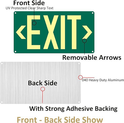 1Pack Photoluminescent Exit Sign Green - Aluminum -14.25"x 7.5" Glow In The Dark Adhesive Backing- Includes 2pcs Removable Arrows- Non Electrical Green Exit Light