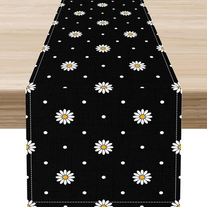 Daisy Floral Table Runner, Rustic Seasonal Spring Wild Flower Rustic Blue Wood Farmhouse Table Center Decor for Home Kitchen Dining Patio Holiday Party Indoor Outdoor Table Decorations, 13"x90" Inch