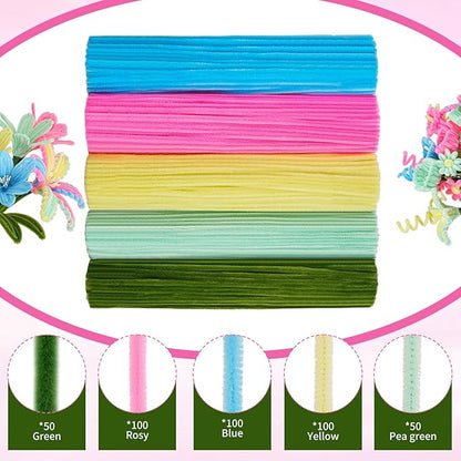 5 Mixed Macaron Colors Chenille Stems Bulk,400 Pcs Pipe Cleaners Craft with Floral Wires, Gardening Tape,Greeting Card,Bouquet Paper,Hot Glue Stick,Stamen & Ribbon,Ideals for DIY School Projects