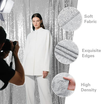 Silver Sequin Backdrop Curtain 2 Pieces 2FTx8FT Glitter Photography Backdrop for Party Wedding Birthday Christmas Decorations