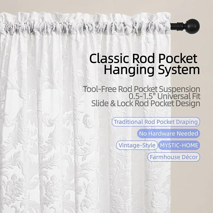 White Sheer Curtains for Living Room Boho Rod Pocket Light Filtering Curtain Drapes 95 inches Long 2 Panels Set with Floral for Bedroom 3D Flocked Texture & Rococo Motifs Window Curtains 52"W*95"L