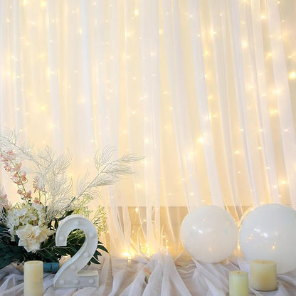 Suppromo White Tulle Backdrop Curtain with Lights String for Parites 20×8ft Sheer Curtains Wedding Baby Shower Birthday Party Photo Shoot Decorations(4 Panels 5ft×8ft)