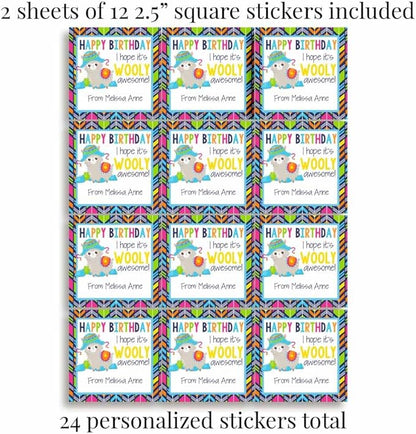 Custom & Personalized Wooly Awesome Alpaca Happy Birthday Gift Tag Sticker Labels, 24 2.5" Square Stickers by Amanda Creation