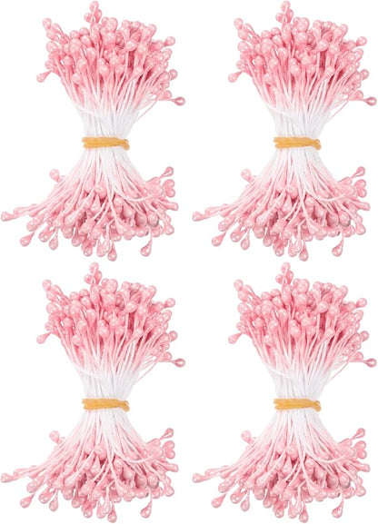 600-Pack Flower Stamens for Crafts, 5mm Double Heads Artificial Pearl Floral Pistil Mini Flower Pollens Stamens for DIY Making/Wedding/Scrapbook Decoration [Orange Pink]