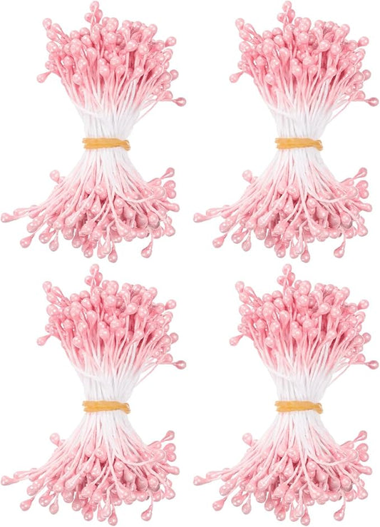 600-Pack Flower Stamens for Crafts, 5mm Double Heads Artificial Pearl Floral Pistil Mini Flower Pollens Stamens for DIY Making/Wedding/Scrapbook Decoration [Orange Pink]