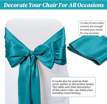 12 Pack Turquoise Satin Table Runner,12 x 108 inch Long Premium Smooth Table Runner for Wedding, Banquets, Birthday, Party,Graduation,Engagements,Table Runners fit Rectangle and Round Table