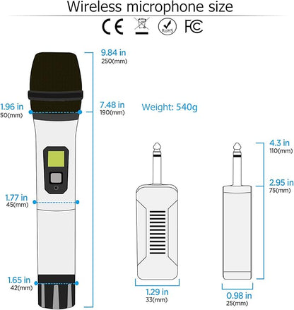 Bietrun Wireless Microphone, Professional UHF Metal Dual Handheld Cordless Dynamic Mic System Set with Rechargeable Receiver, 1/4‘’Output, Plug and Play, Instrument-Wireless-Mics for Karaoke, Wedding