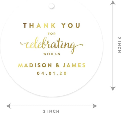 Andaz Press Personalized Round Circle Wedding Gift Tags, Metallic Gold Ink, Thank You for Celebrating with US, 24-Pack, Custom Made Any Name, Baby Bridal Shower, Baptism, Graduation, Business