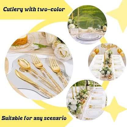 Liacere 150PCS Clear Gold Plastic Plates - Disposable Plastic Silverware with Glitter Bamboo Handle Cutlery-Baroque Clear Gold Disposable Plates for Wedding & Party & Thanksgiving &Fall Decor