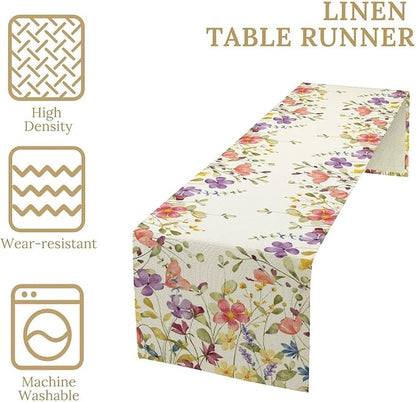 Floral Table Runner,Flowers Plant Print Spring Table Runner for Kitchen Dining Table Decoration for Home Party Decor 13x36 Inch