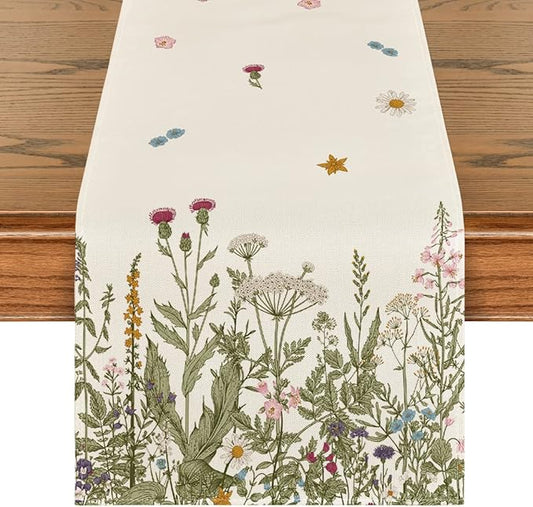 Artoid Mode Antique Herbs and Wild Flowers Summer Table Runner, Spring Fall Kitchen Dining Table Decoration for Home Party 13x48 Inch