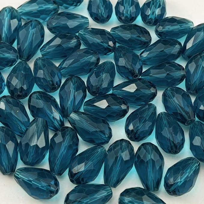50pcs 10x15mm Teardrop Crystal Glass Beads for Jewelry Making, Faceted Vertical Hole Teardrop Glass Spacer Beads for Wind Chimes Bracelet Earring Necklace DIY Craft(Peacock Blue)