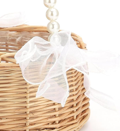 Wicker Rattan Flower Girl Basket Rustic Wedding Flower Girl Basket with Pearl Handle Small Flower Basket for Flower Girl Fairy Wedding Basket Handwoven Easter Baskets for Boys Girls Wedding (1 Pcs)