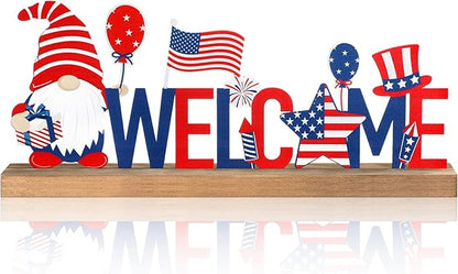Patriotic/ 4th of July Metal Sign Rustic Table Decor Holiday Tiered Tray Decor with Wooden Base Freestanding Metal Word Sign for Home Tabletop Centerpiece Mantel Shelf Fireplace