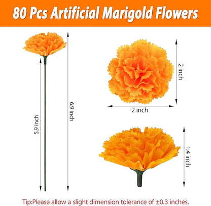 80 Pcs Artificial Marigold Flowers,2" Silk Marigold Flower Heads with Stems,Orange Flowers Artificial for Diwali Decor,Indian Wedding,Home,DIY Wreath Garland,Day of The Dead Decorations