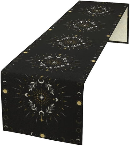 Sun Moon Table Runner - Magical Leaves Mysterious Western Traditional Elements Black White Table Runner for Party Living Room Home Kitchen Dinner - 13x70 Inch