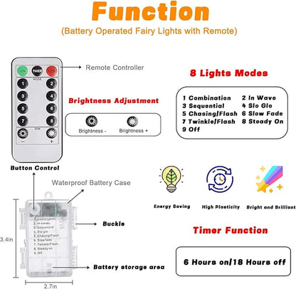 2 Pack 100LED Battery Operated Fairy Lights with Remote, 8 Modes LED String Lights with Timer, Dimmable, Memory Function, Waterproof Twinkle Lights for Outdoor Indoor Christmas Decor(Multicolor)