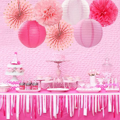 Rose Hot-Pink Party Decorations Streamers - 14pcs Girl Birthday Baby Shower Paper Lanterns Fan,Tissue Pom Poms,Honeycomb Balls,Bachelorette Bridal Wedding Engagement Supplies Decor Lasting Surprise