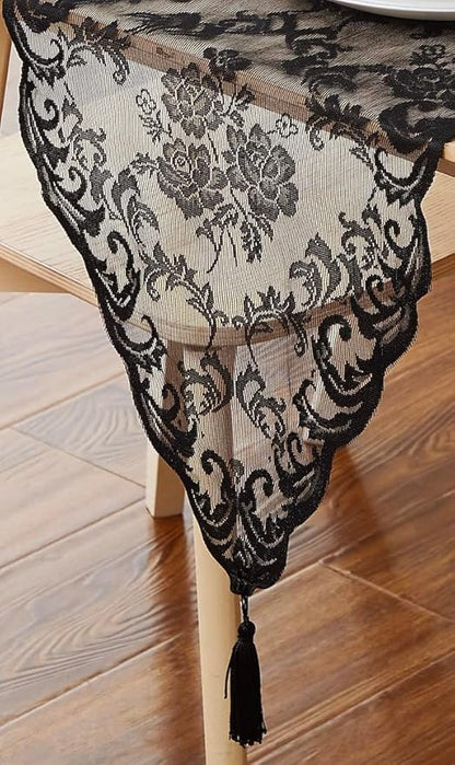 LinenZone Black Table Runner with 2 Tassels for Rustic Vintage Decor. Lace Table Runner Works Great As Wedding, Thanksgiving Or Christmas Decor. (Mia 14 x 96, Black)