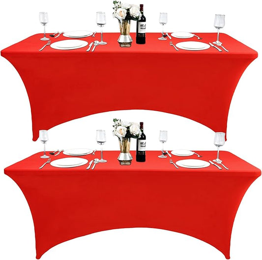 2-Pack 4ft Red Spandex Table Covers for Rectangular Folding Tables - Wrinkle Resistant Stretch Tight Table Cloths - Ultimate Fitted Table Protector for Parties, Banquet, and Wedding