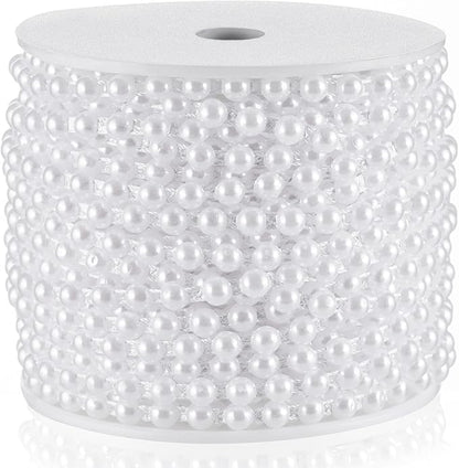 Half-Round Pearl Bead Garland String 27 Yards, 6MM Flat Pearl Beaded Spool Roll Crafts for Wedding Party Decoration(White)