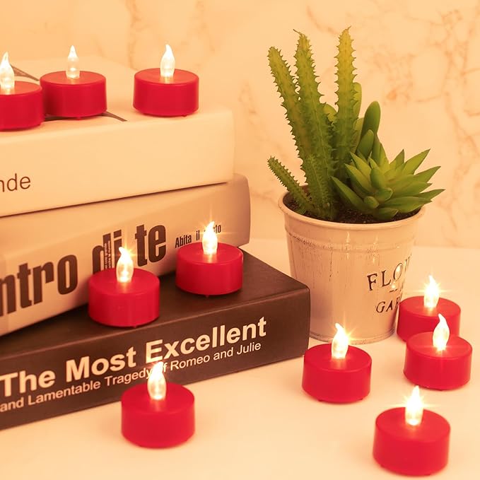 LED Tea Lights Candles- 50PACK Red Flameless Candles Realistic and Bright Flickering Long Lasting 200Hours for Holiday Celebration,Home Decoration