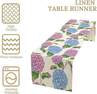 Spring Hydrangea Flower Table Runner, Seasonal Summer Plants Watercolor Pink Purple Florals Dinner Runner for Home Kitchen Dining Table Party Holiday Decoration 13"x120"