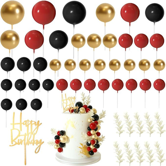 MIAHART Ball Cake Toppers Boho Grass Cake Topper Ball Cake Insert Decoration for Birthday Wedding Baby Shower Party Decorations Boho Themed Party Supplies (Red,black,gold)