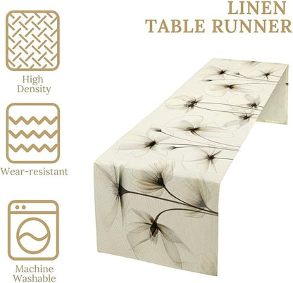Abstract Floral Table Runner, Watercolor Transparent Beige Poppy Flowers Print Kitchen Dinning Table Runner for Indoor Outdoor Home Wedding Party Holiday, 13x36 Inch