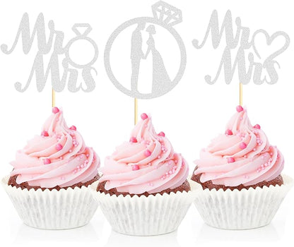 Sotpot 24PCS Miss to Mrs Cupcake Toppers with Ring Silver Glitter for Wedding Bridal Shower Wedding Engagement Party Cake Decorations