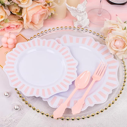 COLOSUS 150pcs Disposable Pink and White Stripped Plastic Plates and Silverware set, Light Pink Dinner/Dessert Plates silverware serve 30guests for Easter day, Wedding Party and Daily use.