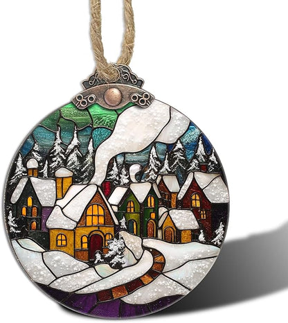 Stained Glass Christmas Decorations, Winter Snow Cabin Suncatcher for Window Christmas Tree Hanging Ornaments Retro White Sun Catcher Xmas Decor Gifts for Women Men Mom Nana Friend