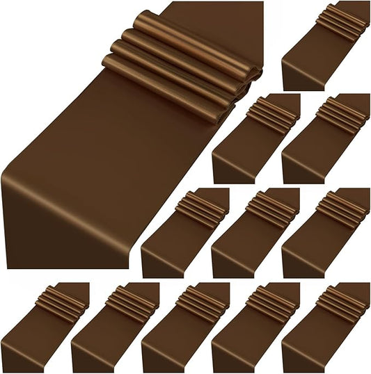 12 Pack Brown Satin Table Runner 12 x 108 inch Long Premium Smooth Table Runner for Wedding, Banquets, Birthday, Party, Graduation, Engagements,Table Runners fit Rectangle and Round Table