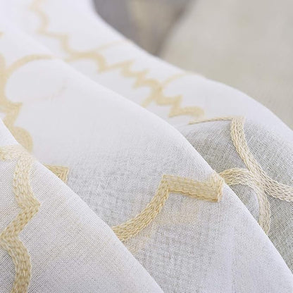 Embroidered Moroccan Tile Lattice Design Gold Sheer Curtains 84 Inch Long, Rod Pocket Sheer Drapes for Living room, Bedroom, 2 Panels, 52"x84", Semi Voile Window Treatments for Yard, Villa, Parlor.