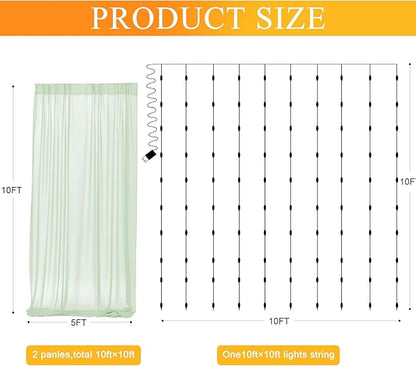 Fomcet Sage Green Tulle Backdrop Curtains with Lights String 10FT X 10FT Sheer Curtain with Lights Tulle Curtains Backdrop for Wedding Birthday Party Photo Shoot (2 Panels 5x10FT)
