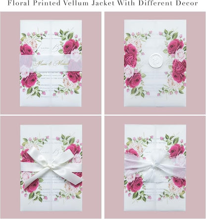 PONATIA 50PCS Vellum Jackets for 5x7 Invitation Cards- 135GSM Fuchsia Flowers Vellum Sleeves Paper 5x7 Jackets - Wedding Invitations Wraps - Transparent Card Jacket