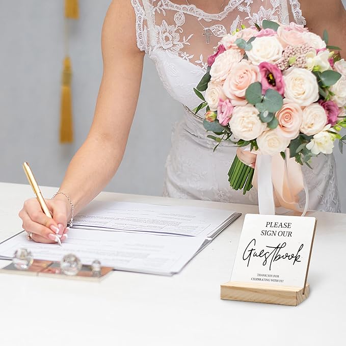 Guest Book Desk Decor, Wedding Guest Book Sign, Wedding GuestBook Wood Plaque, Photo GuestBook WeddingReception Wooden Plaque Sign with Wood Stand for WeddingGuest Reception Table Decor